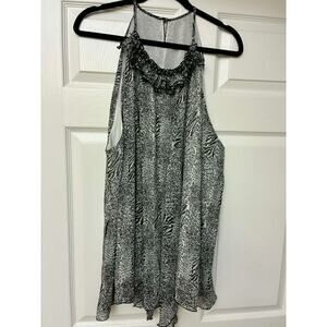 Women's Sleeveless Sheer Tunic Top Gray‎ Black Animal Print High Low Boho